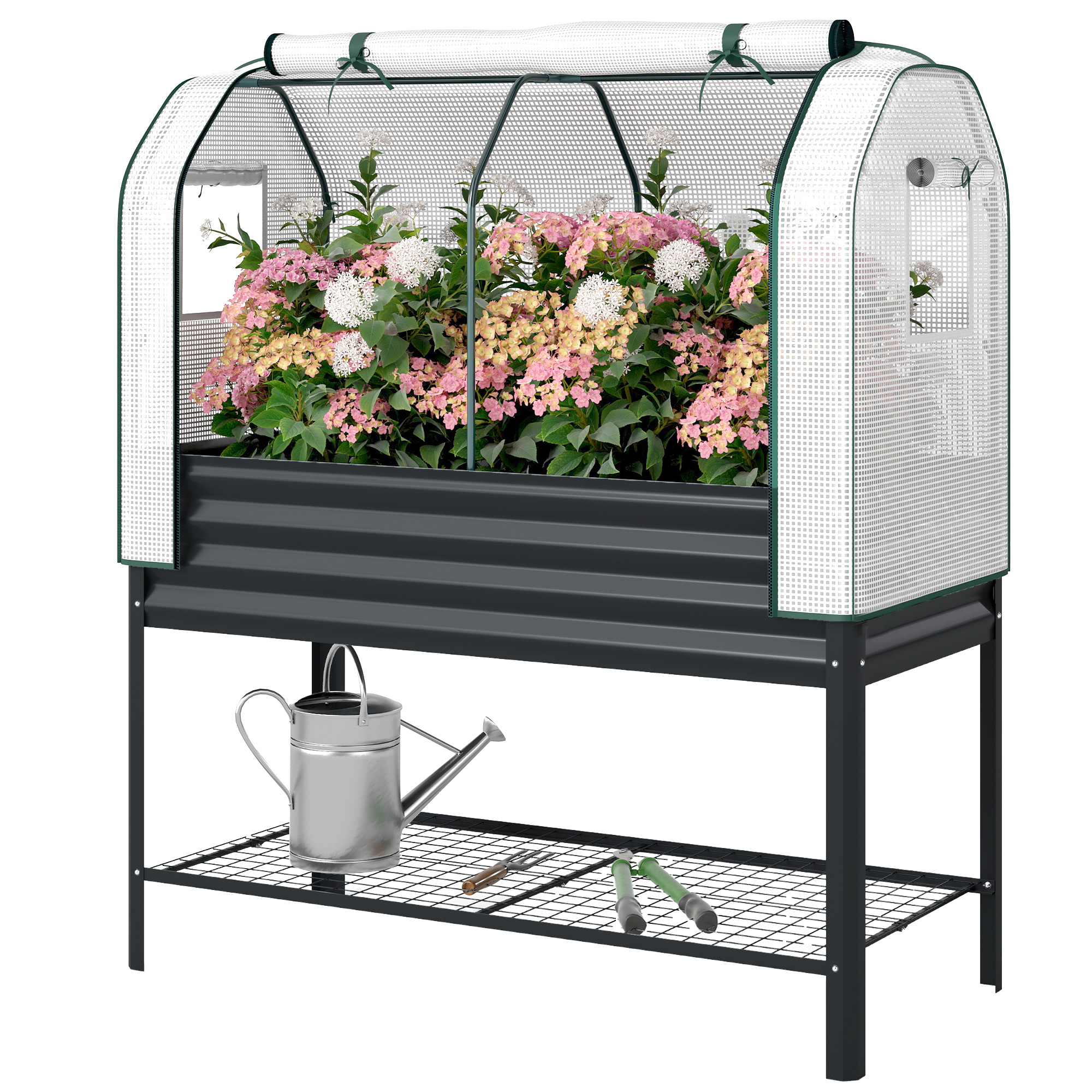 Galvanised Raised Garden Bed with Greenhouse Cover, Metal Elevated Garden Bed with Bed Liner, Bottom Shelf, Black