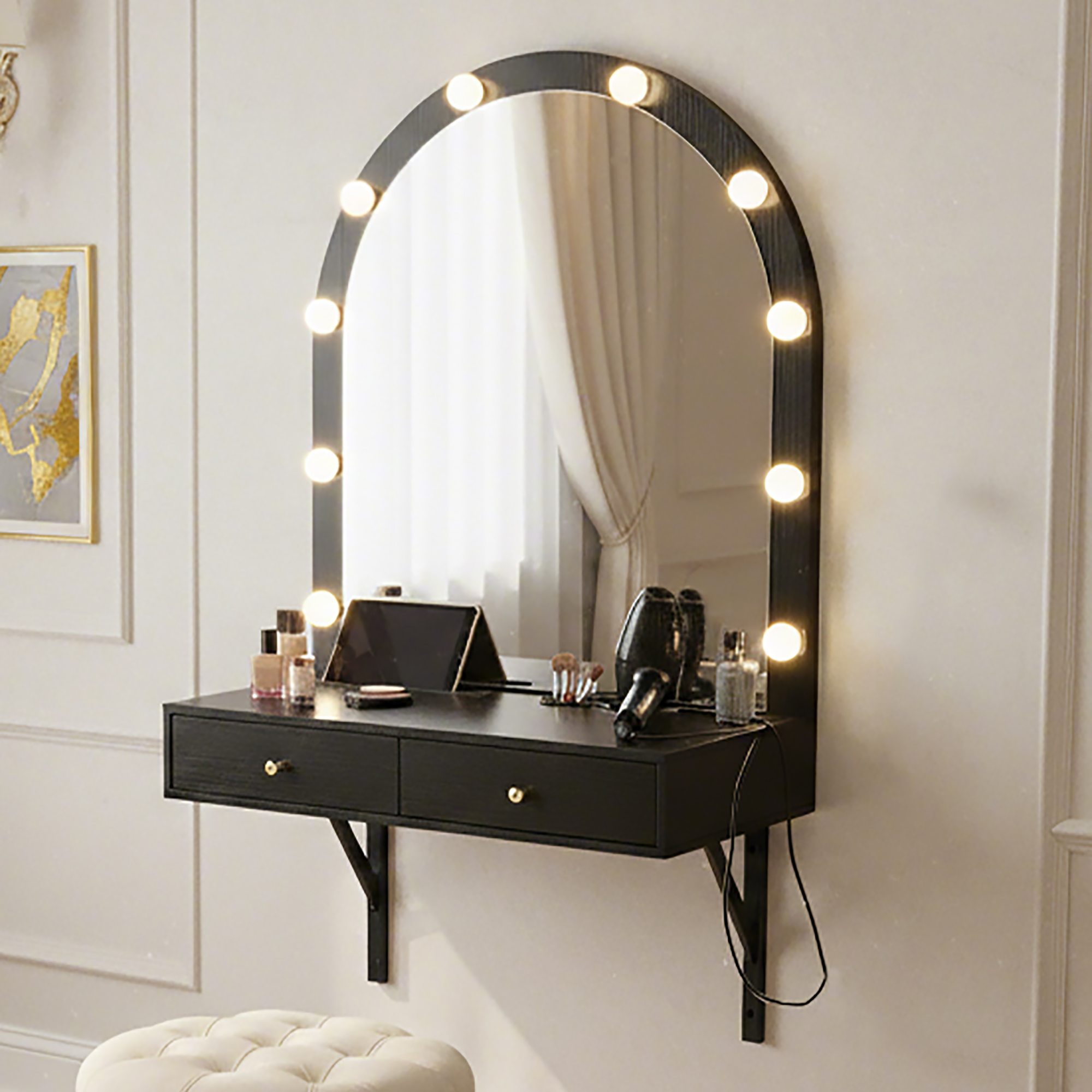 Floating Wall Mounted Makeup Vanity Desk with LED Mirror 3 Color Lights, Compact Dressing Table with Power Outlet & USB Charging, Space Saving Large Storage Vanity for Bedroom Bathroom, Black