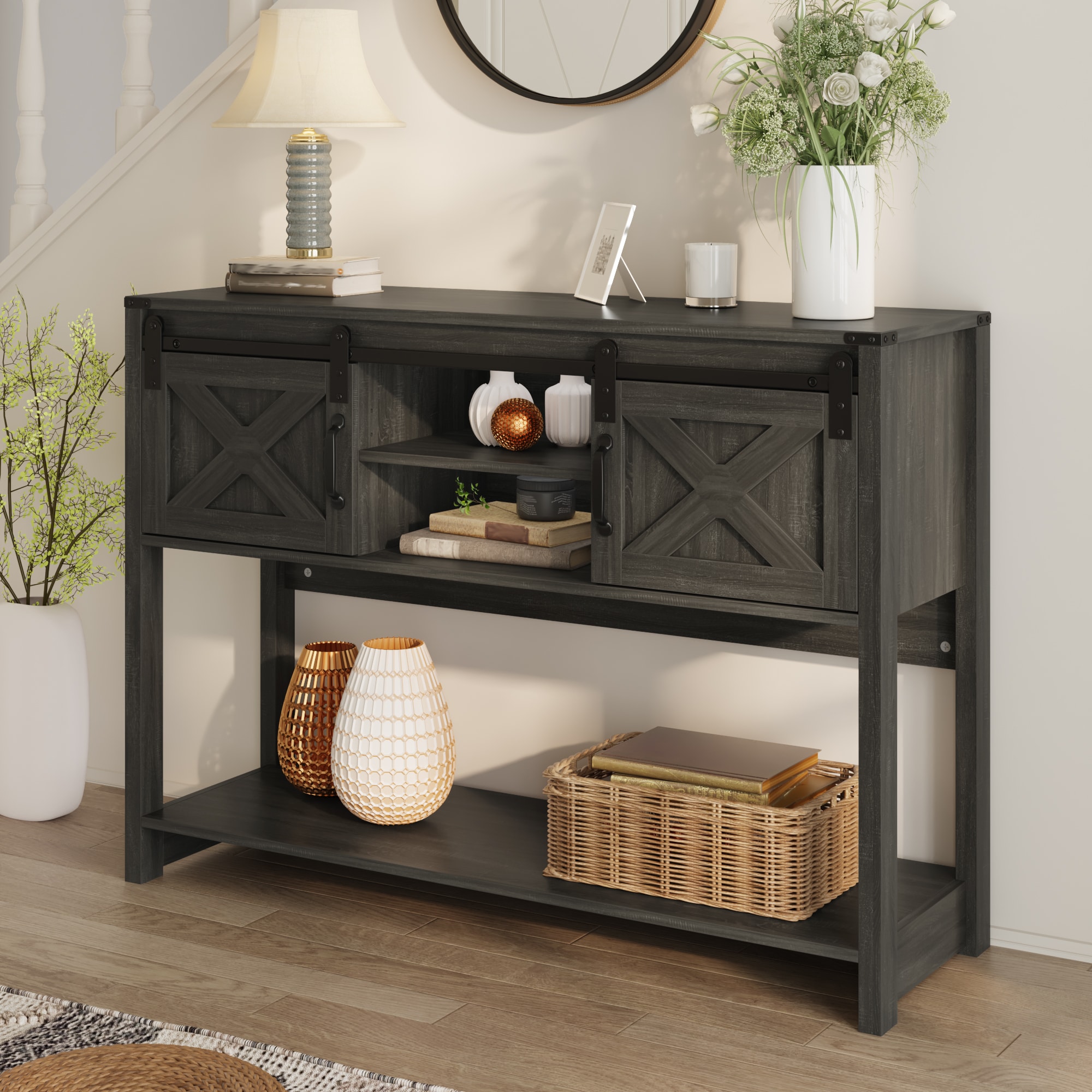 Farmhouse Entryway Table with Drawers, 46" Console Table with Sliding Barn Door, Wood Rustic Sofa Table with Adjustable Shelf for Living Room, Foyer, Hallway, dark gray