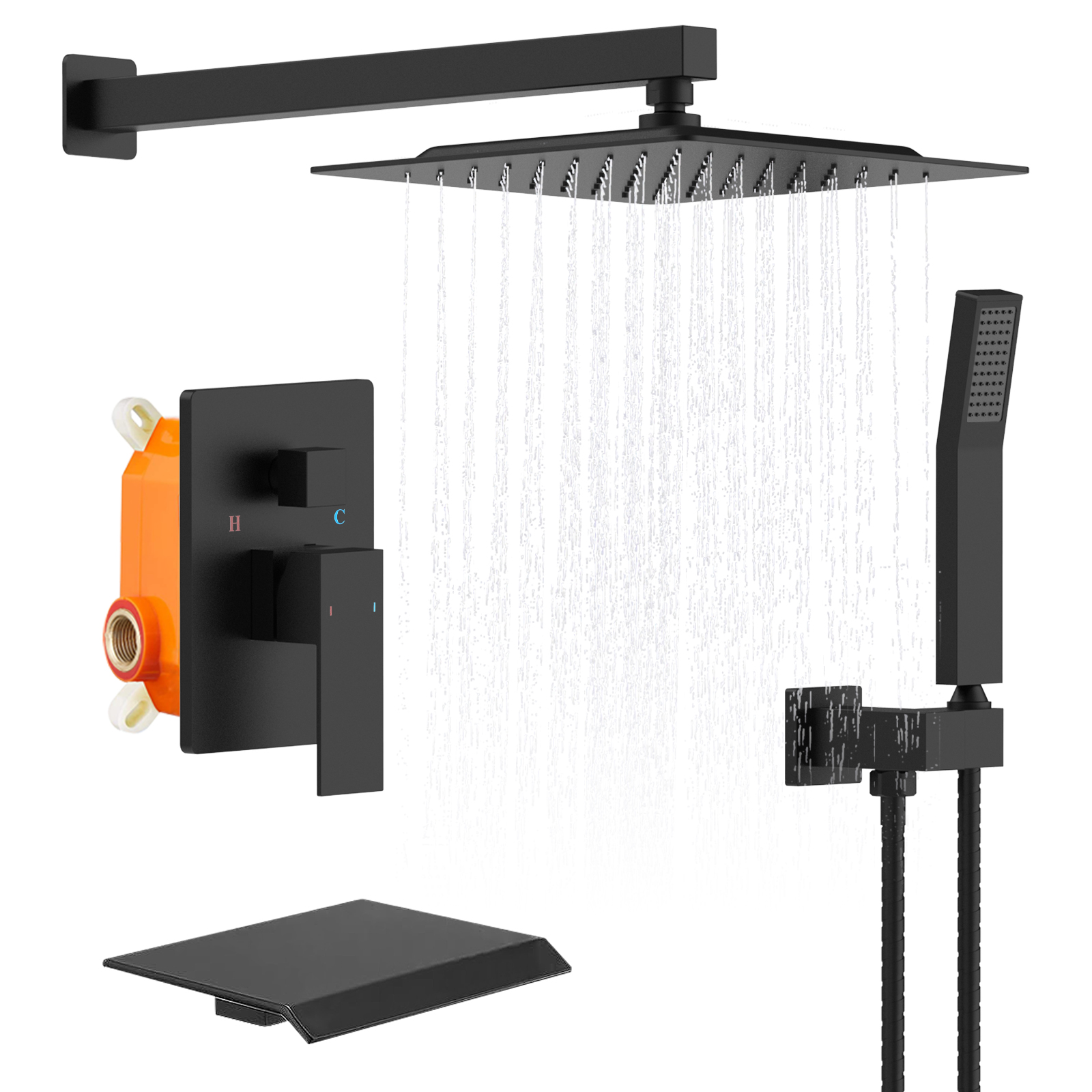 Rain Shower System Matte Black Tub Shower Faucet Set 10 Inch Square Rainfall Shower Head with Handheld Sprayer and Waterfall Tub Spout[Unable ship on weekends, TK/TEMU only for pickup, only TX10643 warehouse supports GOFO]