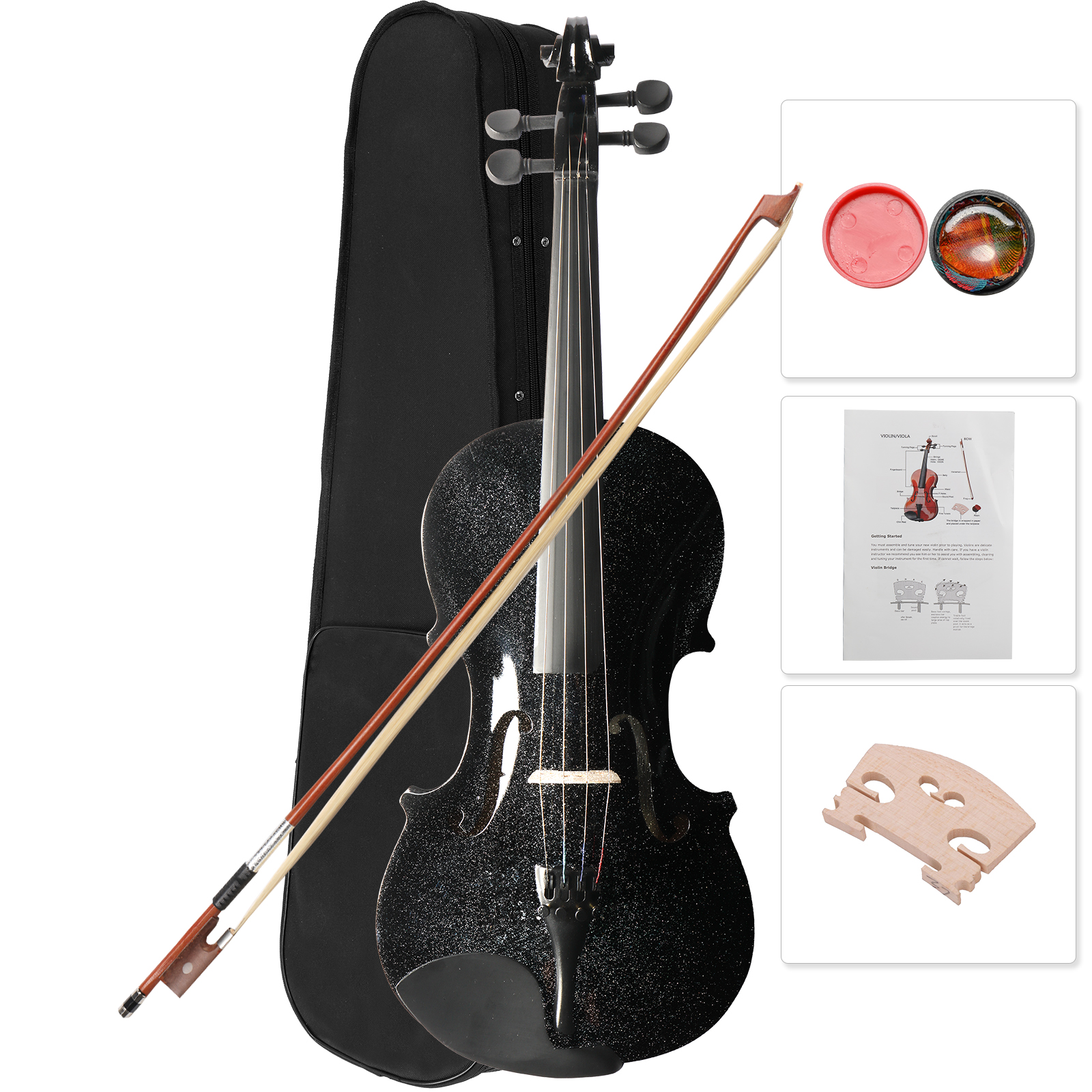 New 4/4 Acoustic Violin Case Bow Rosin Black