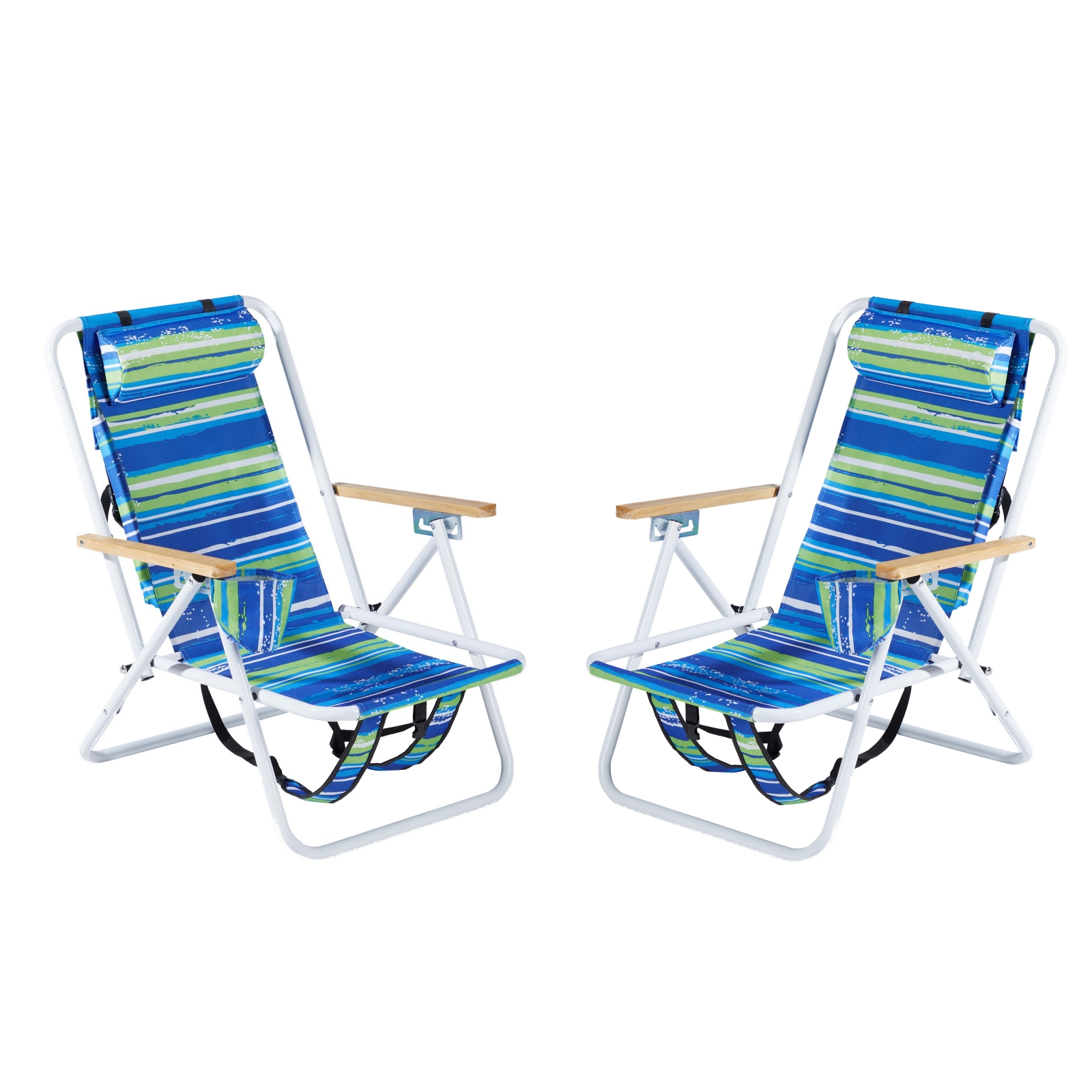 【Same Code：69829027】Folding Beach Chair Set of 2 for Adults, 4 Position Portable Backpack Foldable Camping Chair with Headrest Cup Holder and Wooden Armrests, Blue & Green Stripes