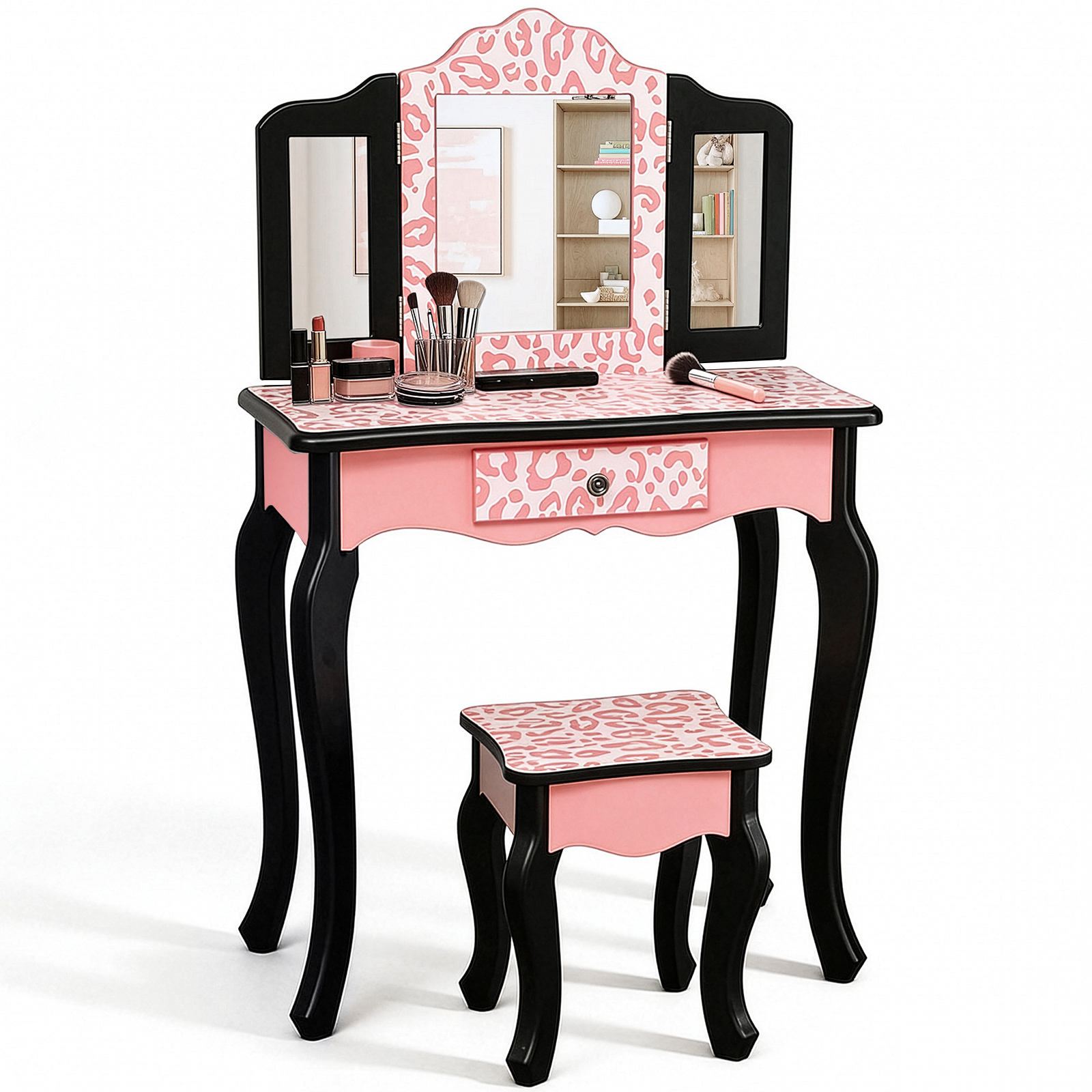 Three-Fold Mirror Single Drawer Arc Feet Children Dresser Red Leopard Print