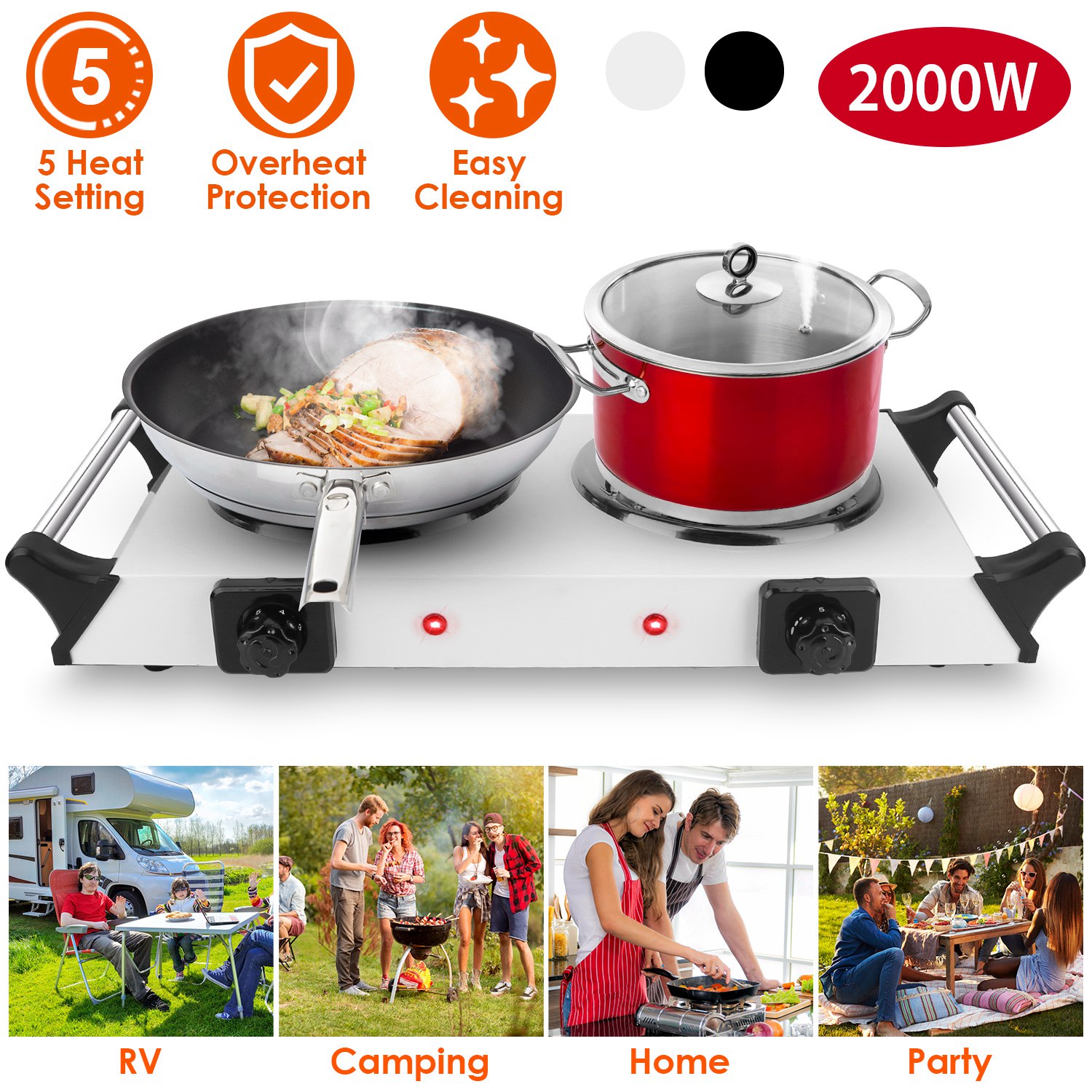 Hot Plate，2000W Hot Plate,Portable Electric Stove Countertop Double Burners W/5 Level Temperature Control & Stay Cool Handles, Easy to Clean, Lightweight Cast Iron Electric Stove for RV/Home/Camp 110V